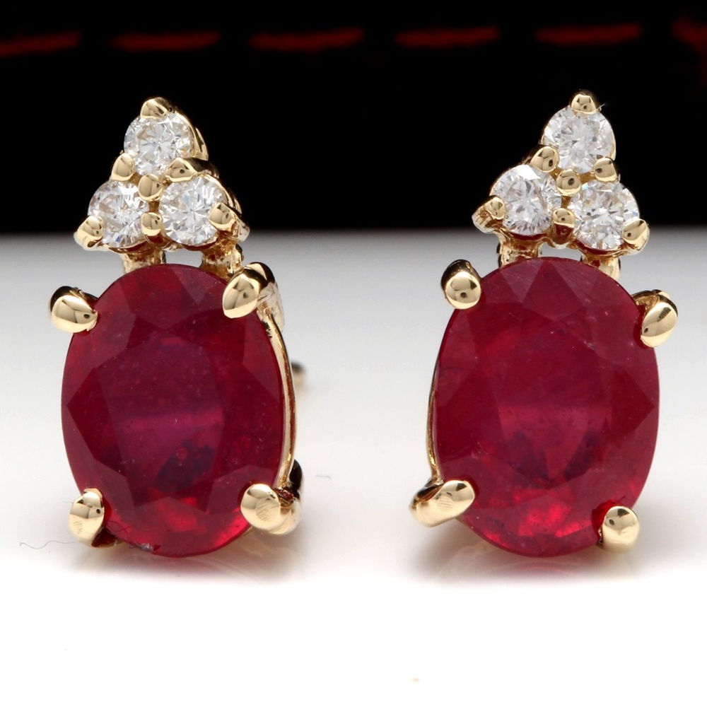 4.20ct Red Ruby & Diamond 14K Yellow Gold Earrings